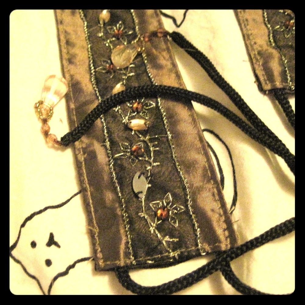 Brown satin, beaded tie belt Price Firm